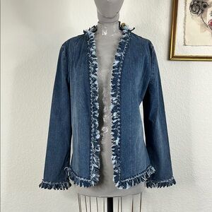 St John Sport Collection Cruise 05 Denim Panel Fringe Jean Blazer Jacket
